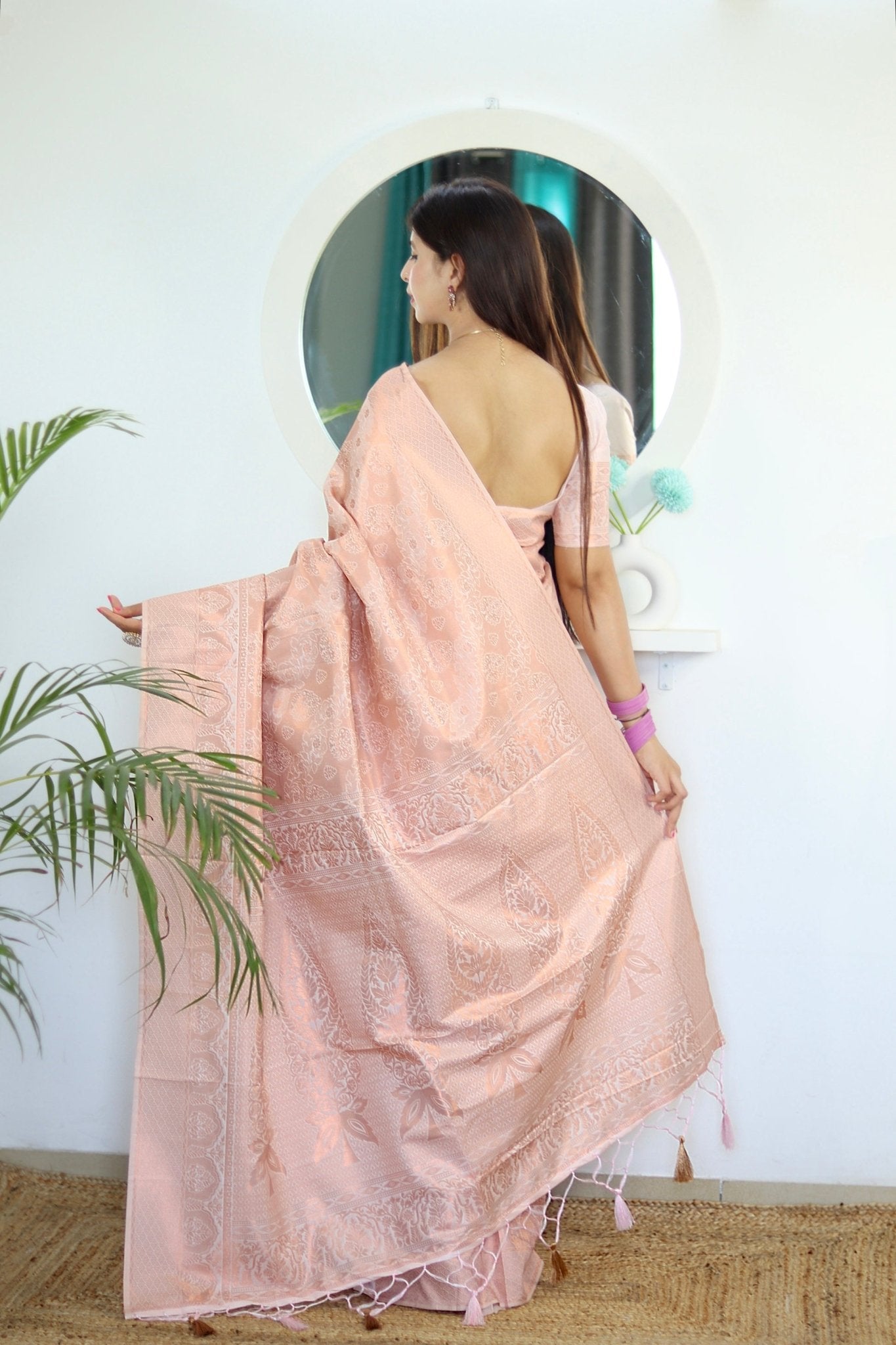 Misty Rose Pure Satin Silk Saree With Snappy Blouse Piece - Almaari Fashion