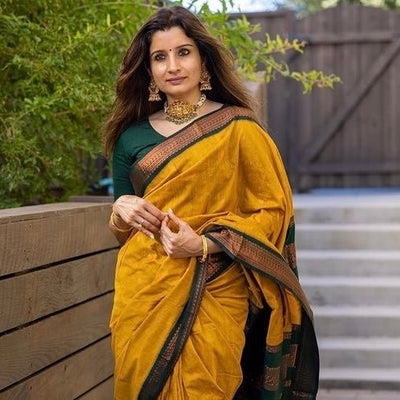 Mustard & Dark Green Combination Pure Kanjivaram Silk Saree With Attractive Blouse Piece - Almaari Fashion