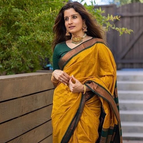 Mustard & Dark Green Combination Pure Kanjivaram Silk Saree With Attractive Blouse Piece - Almaari Fashion