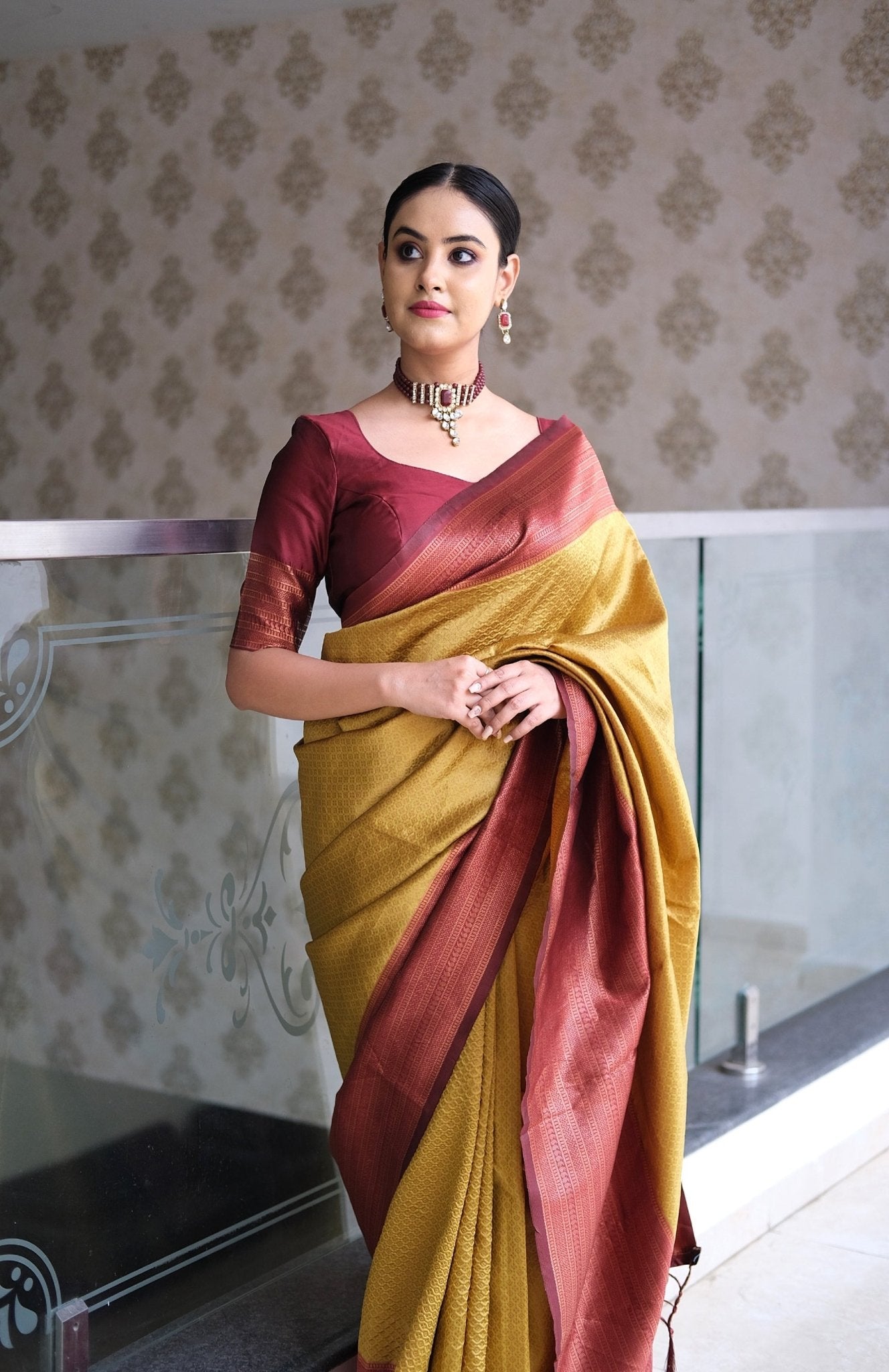 Mustard & Maroon Pure Pure Banarasi Silk With Confounding Blouse Piece - Almaari Fashion