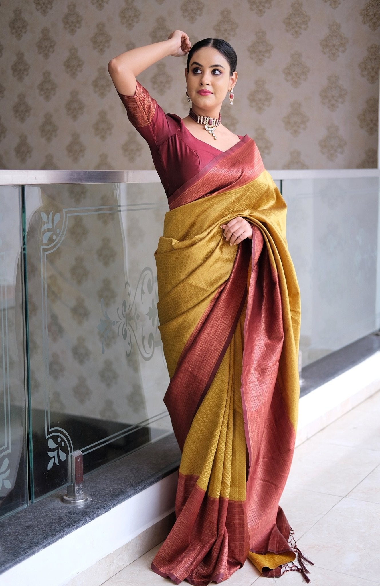 Mustard & Maroon Pure Pure Banarasi Silk With Confounding Blouse Piece - Almaari Fashion