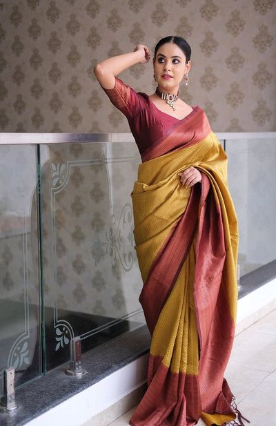 Mustard & Maroon Pure Pure Banarasi Silk With Confounding Blouse Piece - Almaari Fashion