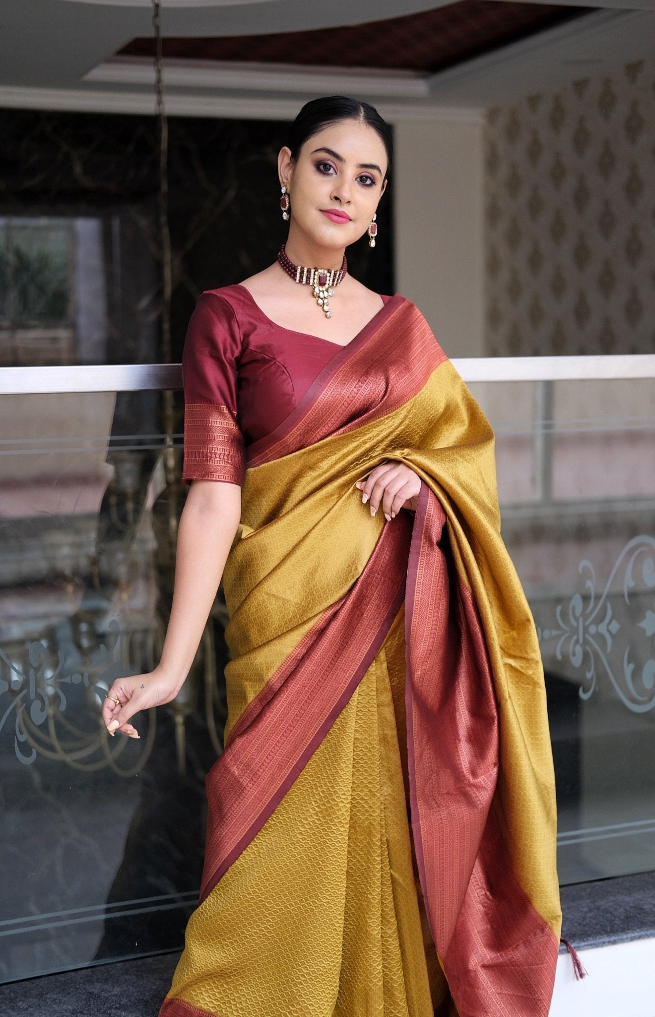 Mustard & Maroon Pure Pure Banarasi Silk With Confounding Blouse Piece - Almaari Fashion