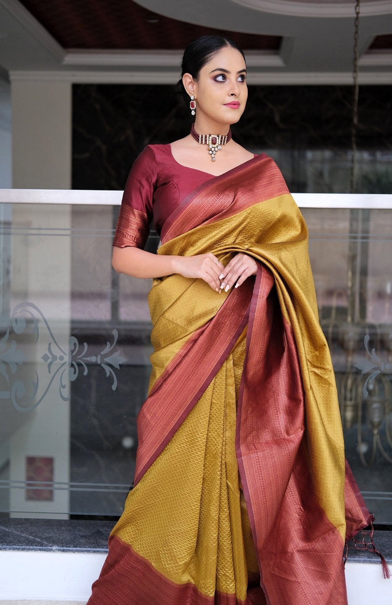 Mustard & Maroon Pure Pure Banarasi Silk With Confounding Blouse Piece - Almaari Fashion