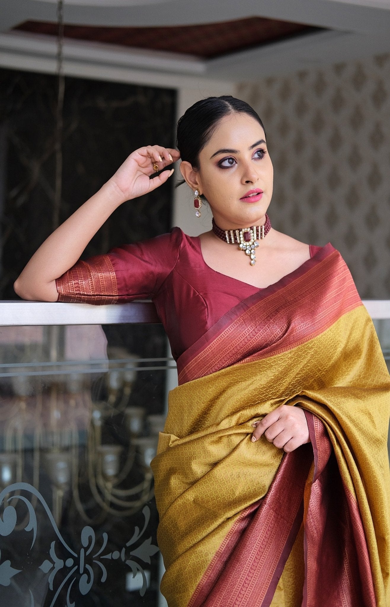 Mustard & Maroon Pure Pure Banarasi Silk With Confounding Blouse Piece - Almaari Fashion