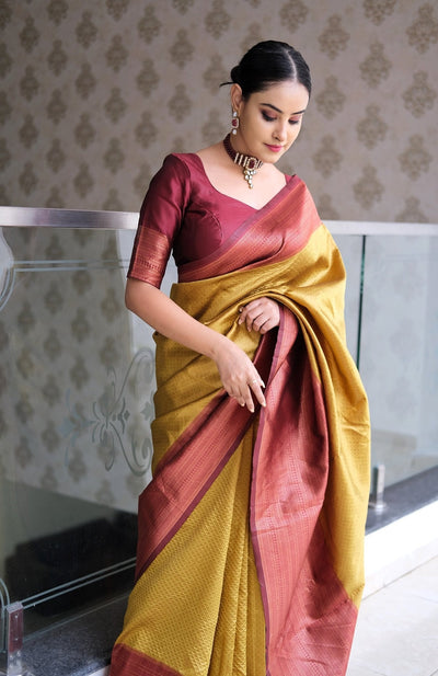 Mustard & Maroon Pure Pure Banarasi Silk With Confounding Blouse Piece - Almaari Fashion