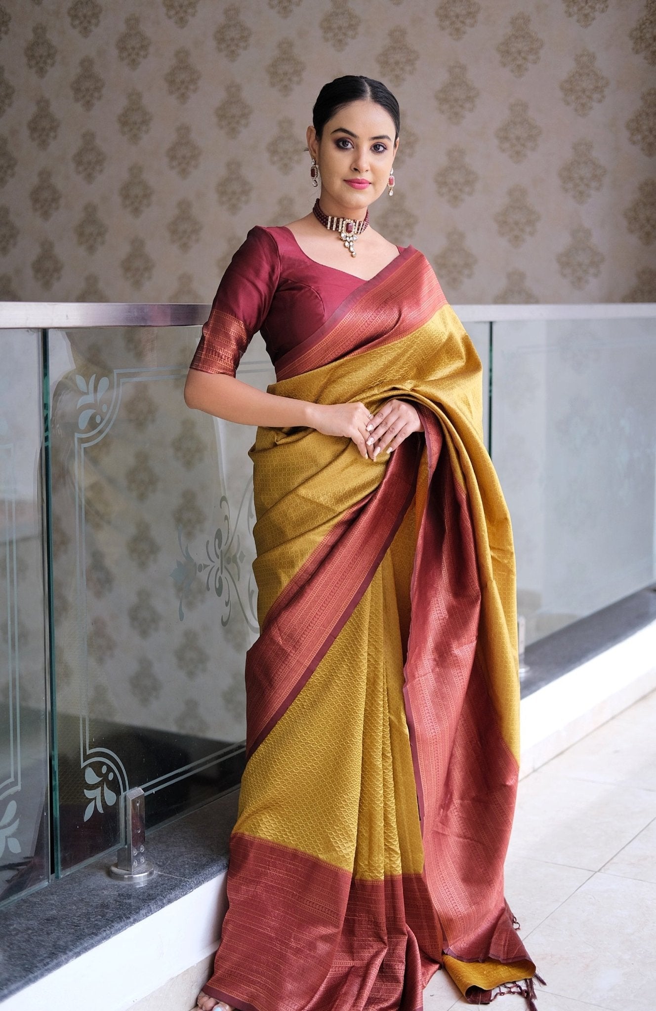 Mustard & Maroon Pure Pure Banarasi Silk With Confounding Blouse Piece - Almaari Fashion