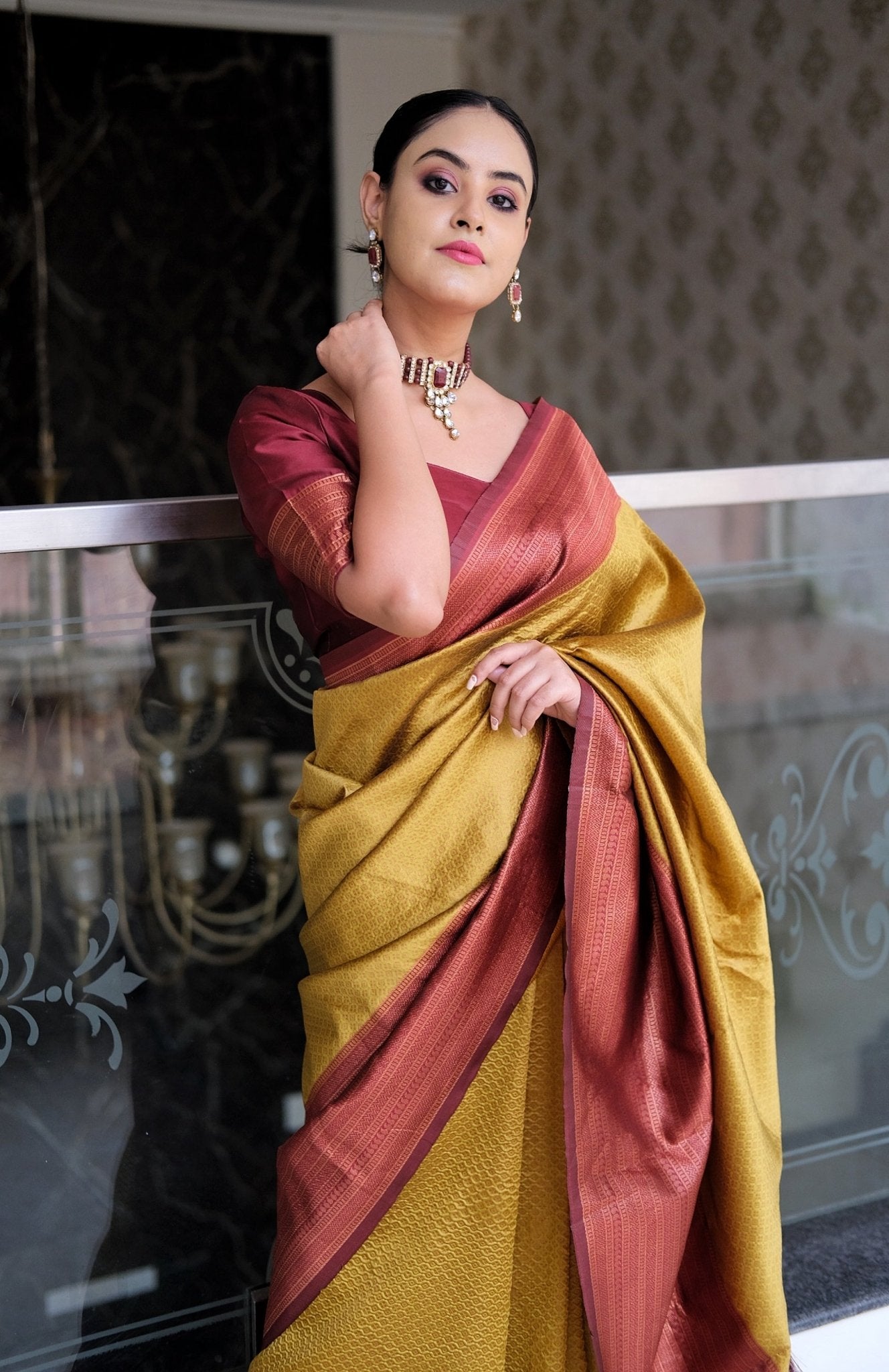 Mustard & Maroon Pure Pure Banarasi Silk With Confounding Blouse Piece - Almaari Fashion