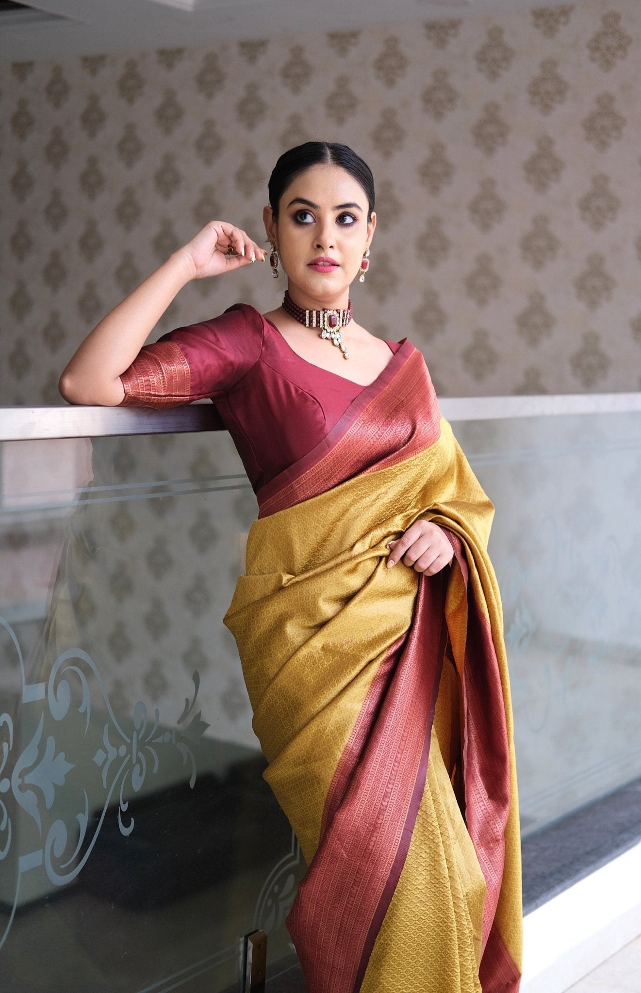 Mustard & Maroon Pure Pure Banarasi Silk With Confounding Blouse Piece - Almaari Fashion