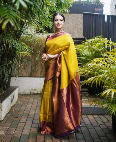 Mustard & Maroon Pure Pure Banarasi Silk With Confounding Blouse Piece - Almaari Fashion