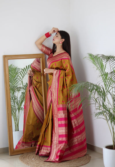 Mustard & Pink Combination Pure Banarasi Silk Saree Stylish Blouse Piece - Almaari Fashion