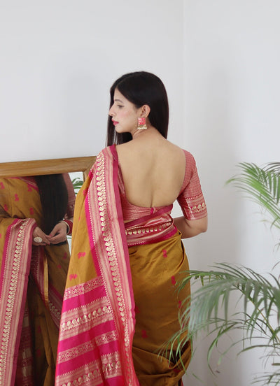 Mustard & Pink Combination Pure Banarasi Silk Saree Stylish Blouse Piece - Almaari Fashion