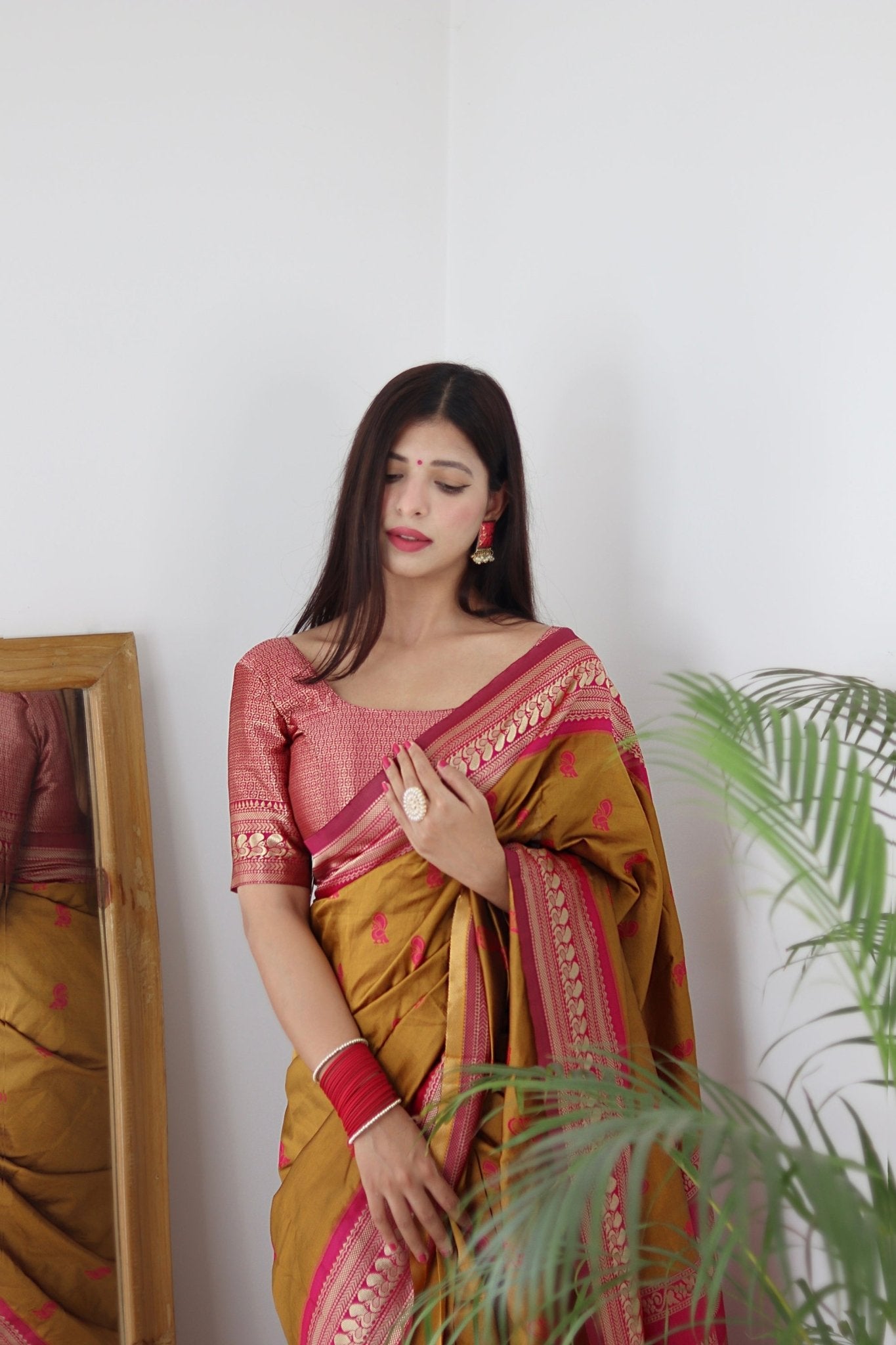 Mustard & Pink Combination Pure Banarasi Silk Saree Stylish Blouse Piece - Almaari Fashion