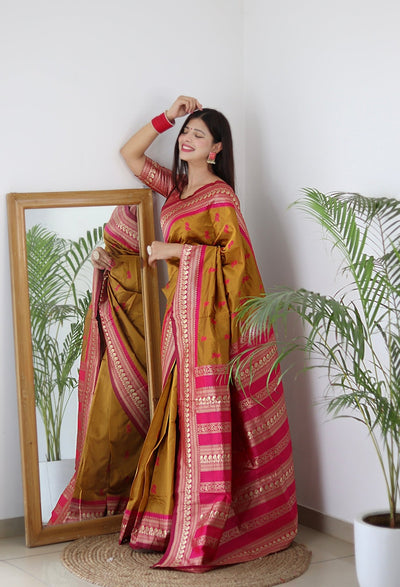 Mustard & Pink Combination Pure Banarasi Silk Saree Stylish Blouse Piece - Almaari Fashion