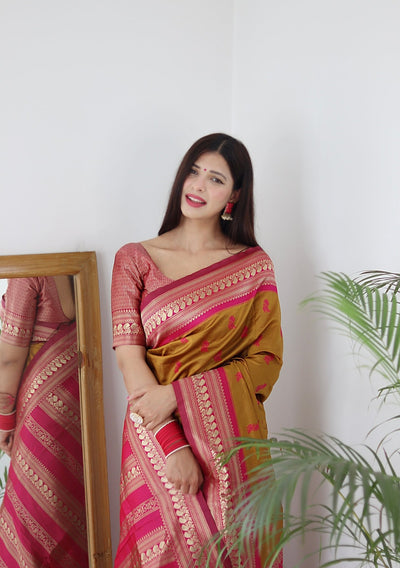 Mustard & Pink Combination Pure Banarasi Silk Saree Stylish Blouse Piece - Almaari Fashion