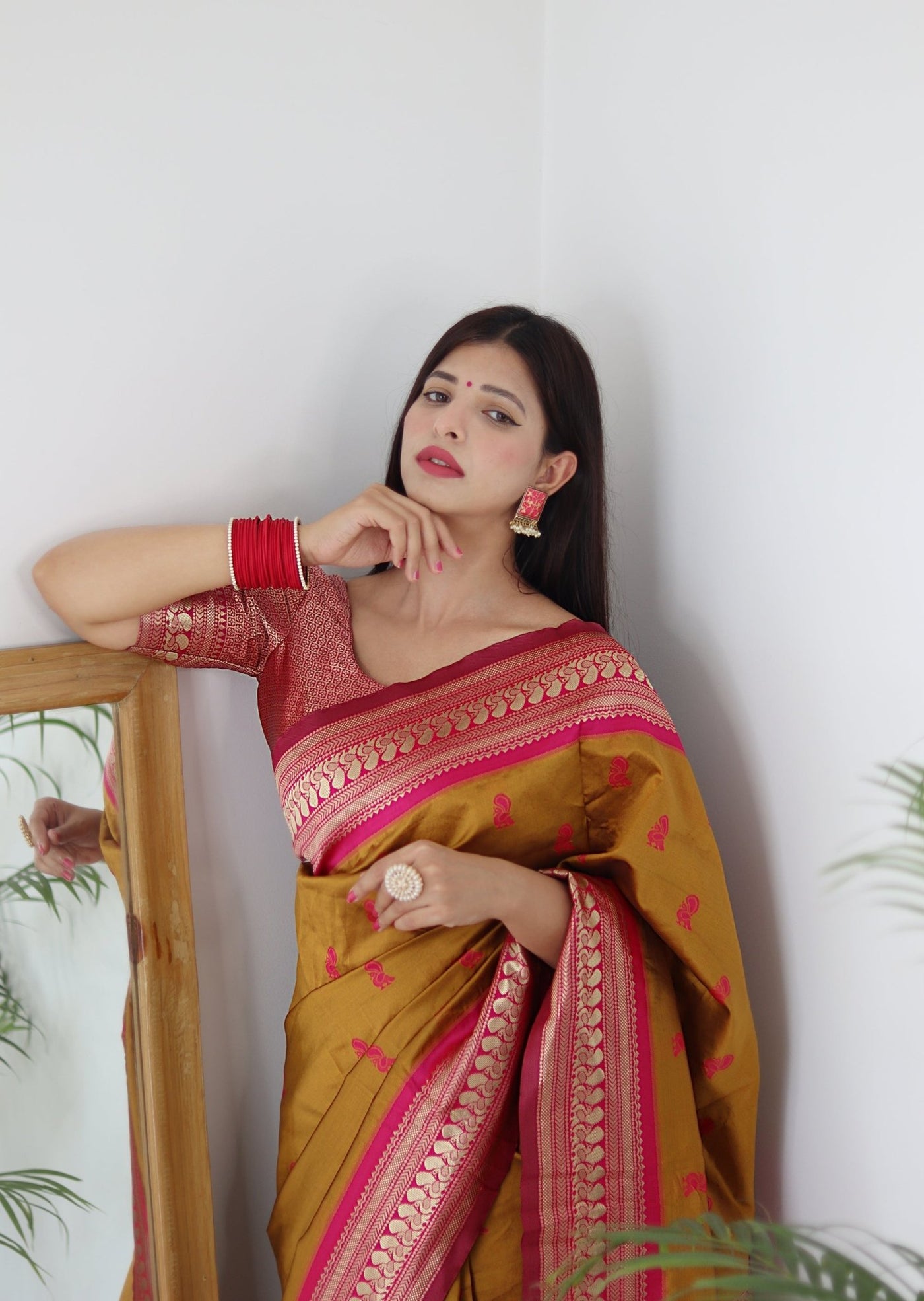 Mustard & Pink Combination Pure Banarasi Silk Saree Stylish Blouse Piece - Almaari Fashion