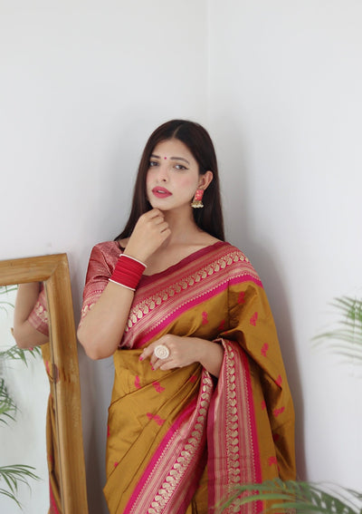 Mustard & Pink Combination Pure Banarasi Silk Saree Stylish Blouse Piece - Almaari Fashion