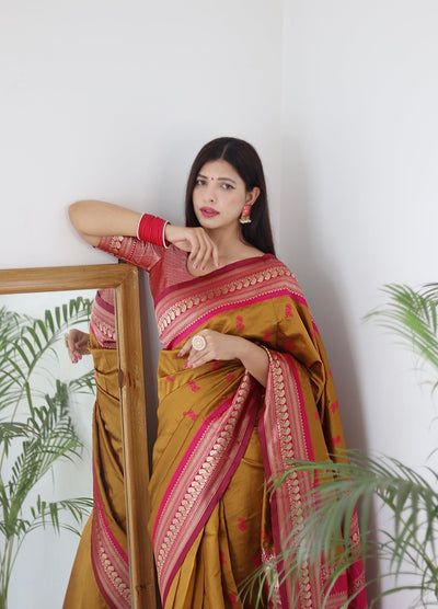Mustard & Pink Combination Pure Banarasi Silk Saree Stylish Blouse Piece - Almaari Fashion