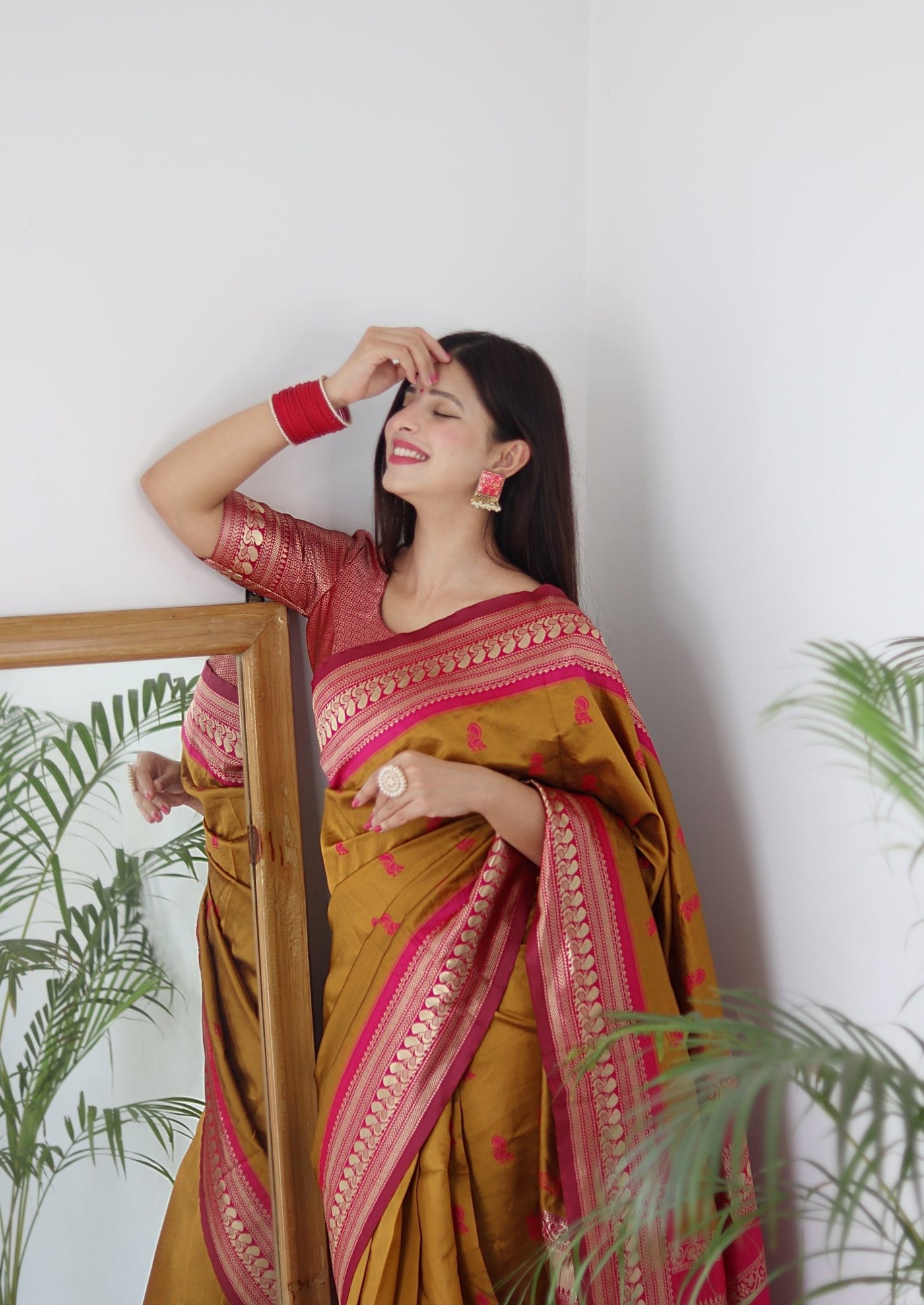 Mustard & Pink Combination Pure Banarasi Silk Saree Stylish Blouse Piece - Almaari Fashion