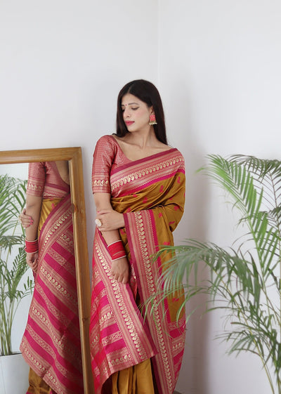 Mustard & Pink Combination Pure Banarasi Silk Saree Stylish Blouse Piece - Almaari Fashion