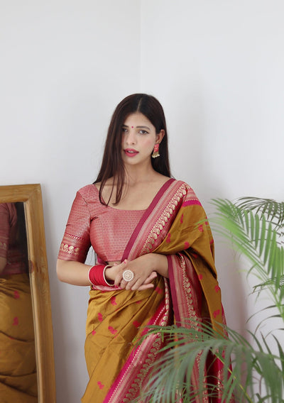 Mustard & Pink Combination Pure Banarasi Silk Saree Stylish Blouse Piece - Almaari Fashion