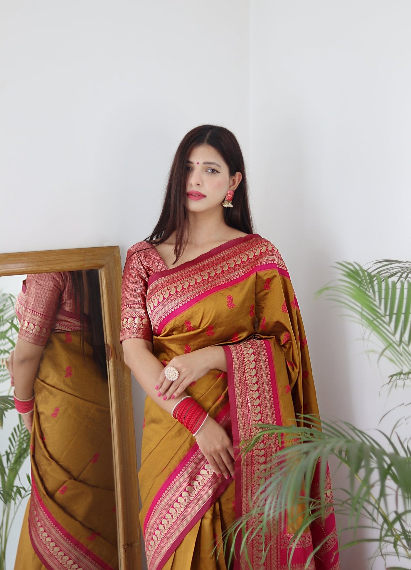 Mustard & Pink Combination Pure Banarasi Silk Saree Stylish Blouse Piece - Almaari Fashion