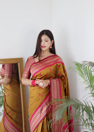 Mustard & Pink Combination Pure Banarasi Silk Saree Stylish Blouse Piece - Almaari Fashion