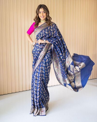 Navy Blue Pure Banarasi Silk. - Almaari Fashion