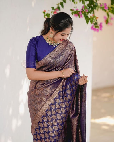 Navy Blue Pure Banarasi Silk Saree Stylish Blouse Piece - Almaari Fashion