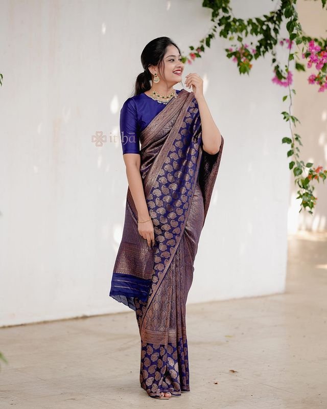 Navy Blue Pure Banarasi Silk Saree Stylish Blouse Piece - Almaari Fashion