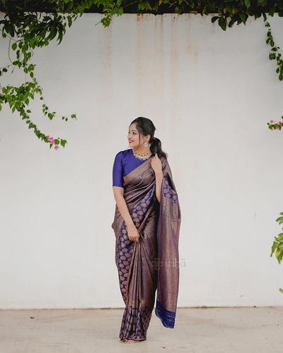 Navy Blue Pure Banarasi Silk Saree Stylish Blouse Piece - Almaari Fashion