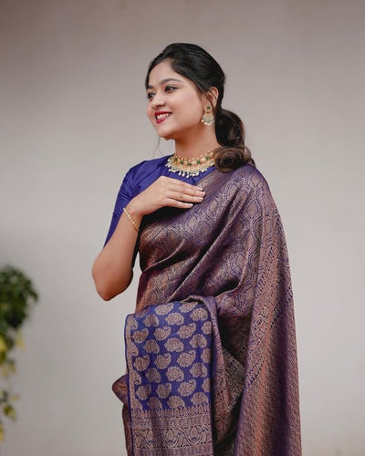 Navy Blue Pure Banarasi Silk Saree Stylish Blouse Piece - Almaari Fashion