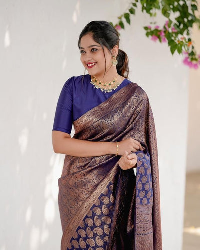 Navy Blue Pure Banarasi Silk Saree Stylish Blouse Piece - Almaari Fashion