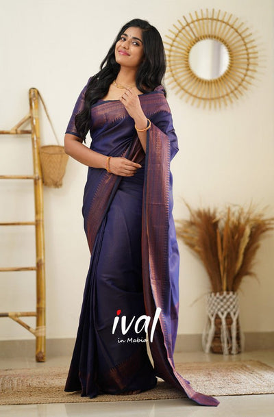 Navy Blue Pure Banarasi Silk Saree With Lovely Blouse Piece - Almaari Fashion