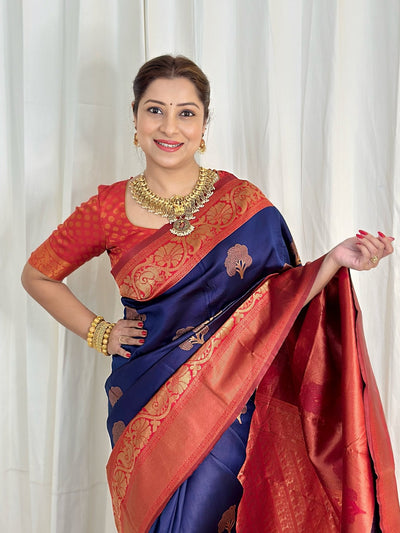 Navy Blue Pure Kanjivaram Silk Saree Stylish Blouse Piece - Almaari Fashion