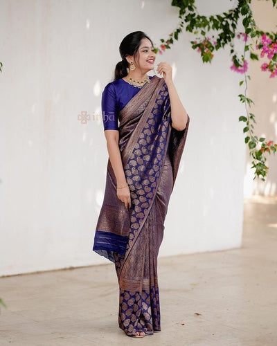 Navy Blue Pure Kanjivaram Silk Saree Stylish Blouse Piece - Almaari Fashion