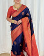 Navy Blue Pure Kanjivaram Silk Saree Stylish Blouse Piece