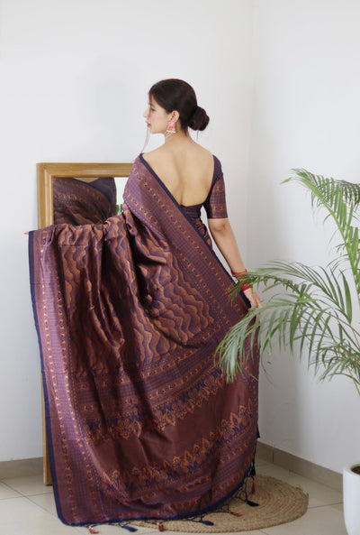 Navy Blue Pure Kanjivaram Silk Saree With Twirling Blouse Piece - Almaari Fashion