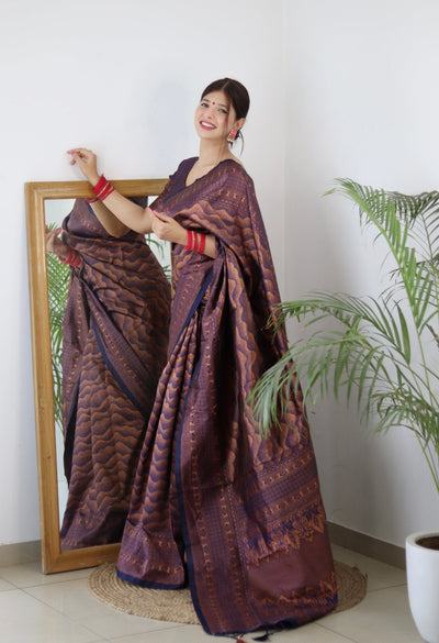 Navy Blue Pure Kanjivaram Silk Saree With Twirling Blouse Piece - Almaari Fashion