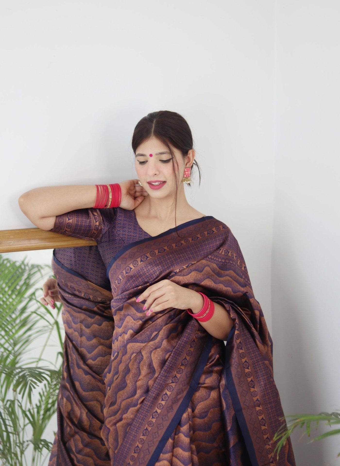 Navy Blue Pure Kanjivaram Silk Saree With Twirling Blouse Piece - Almaari Fashion