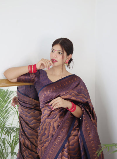 Navy Blue Pure Kanjivaram Silk Saree With Twirling Blouse Piece - Almaari Fashion