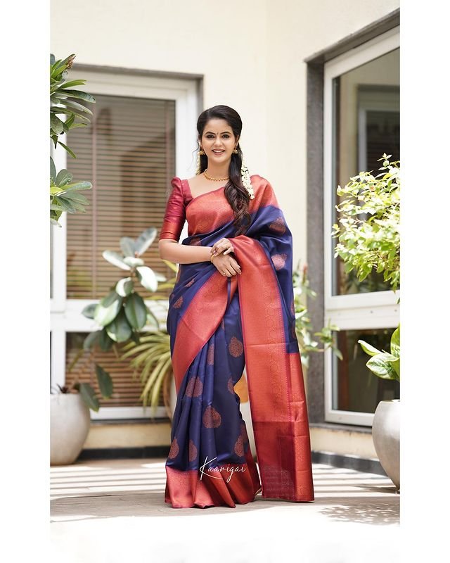 Navy Blue Pure Pure Banarasi Silk With Attractive Blouse Piece - Almaari Fashion