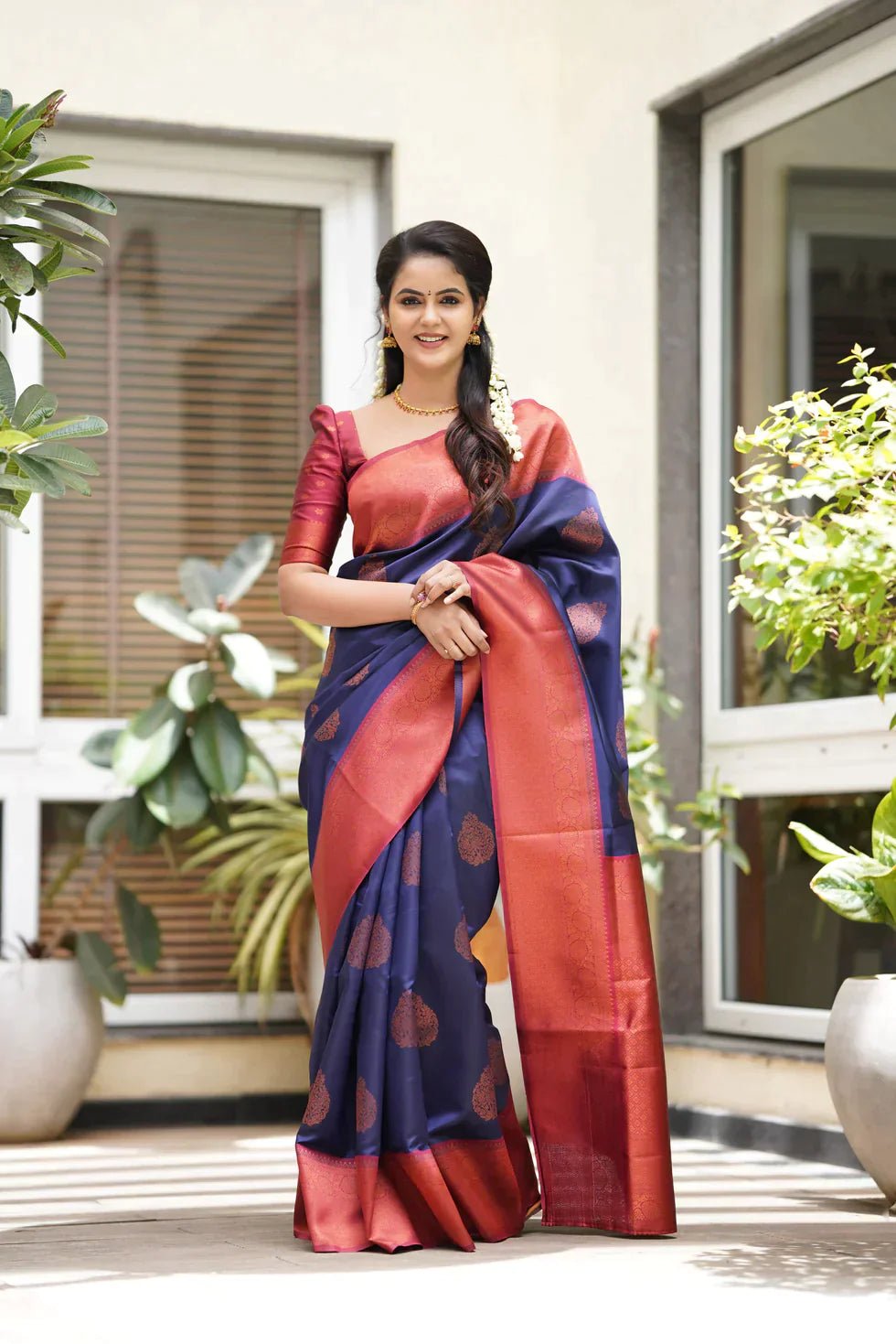 Navy Blue Pure Pure Banarasi Silk With Attractive Blouse Piece - Almaari Fashion