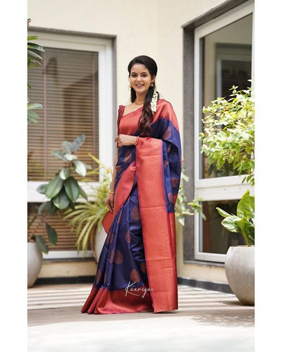 Navy Blue Pure Pure Banarasi Silk With Attractive Blouse Piece - Almaari Fashion