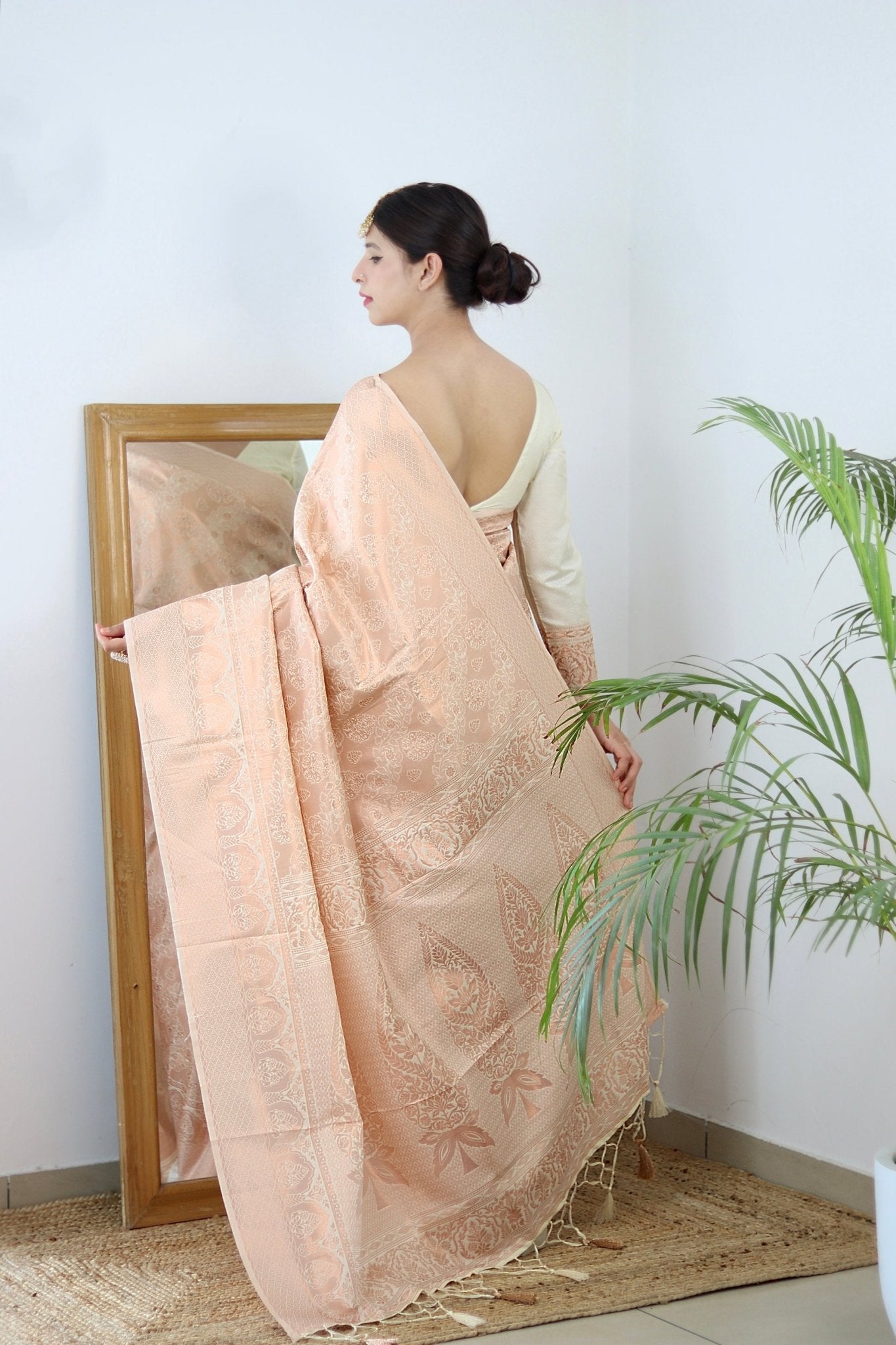 Off White Pure Satin Silk Saree With Designer Blouse - Almaari Fashion