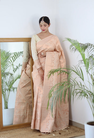 Off White Pure Satin Silk Saree With Designer Blouse - Almaari Fashion