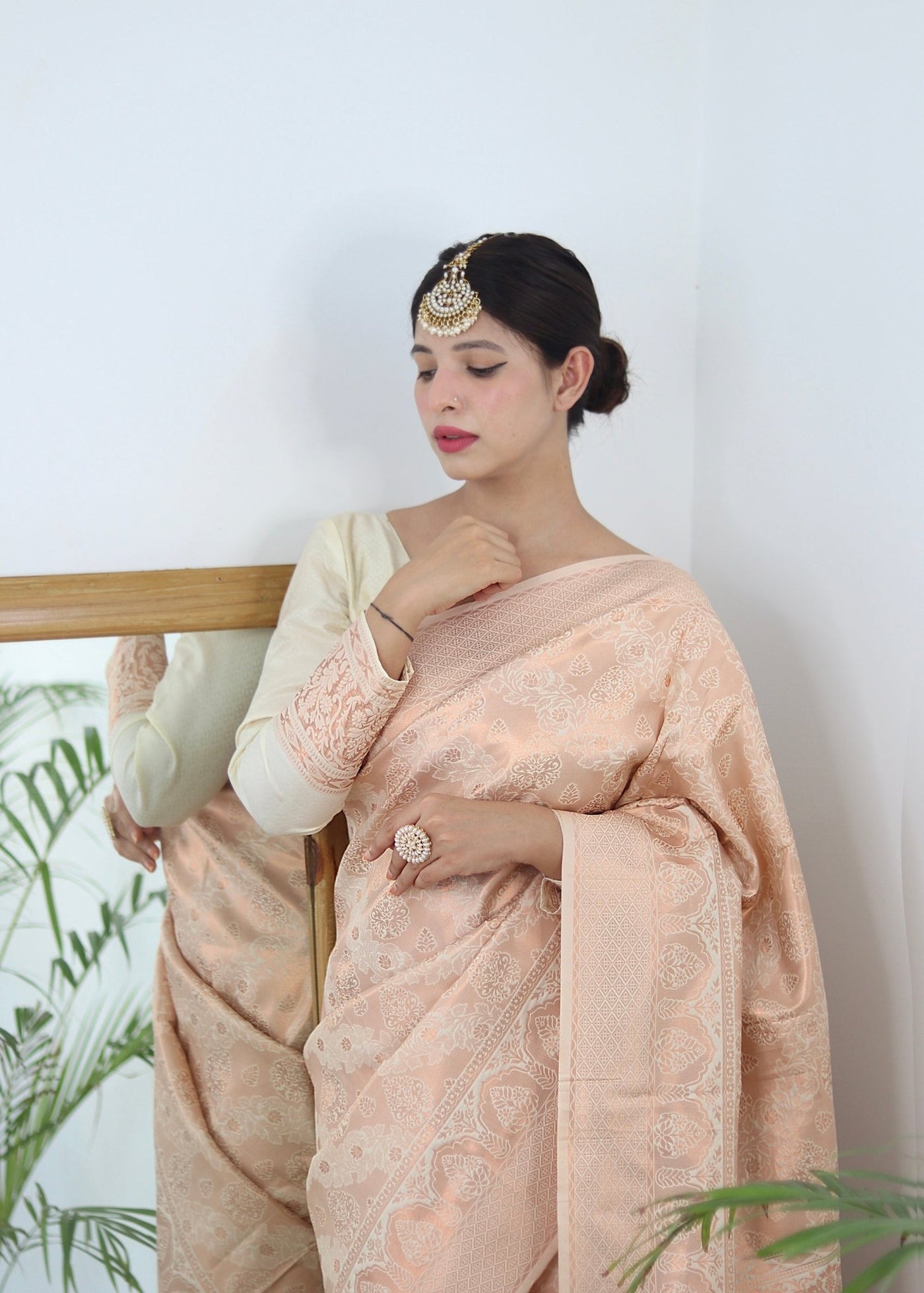 Off White Pure Satin Silk Saree With Designer Blouse - Almaari Fashion