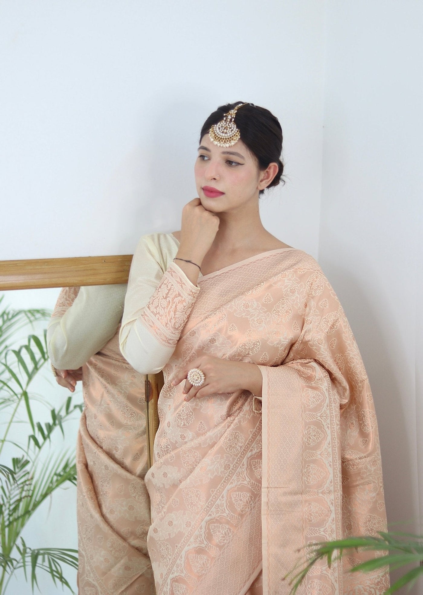 Off White Pure Satin Silk Saree With Designer Blouse - Almaari Fashion