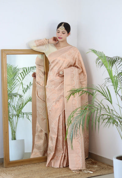 Off White Pure Satin Silk Saree With Designer Blouse - Almaari Fashion