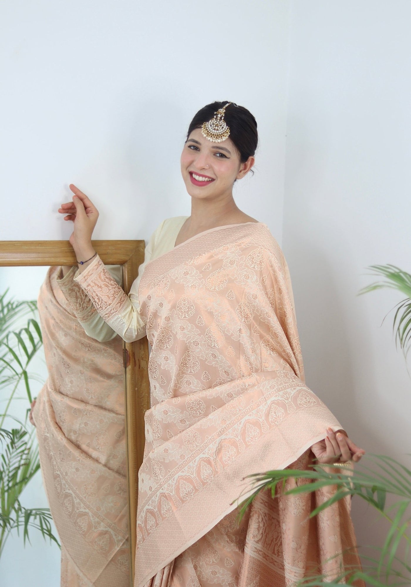 Off White Pure Satin Silk Saree With Designer Blouse - Almaari Fashion